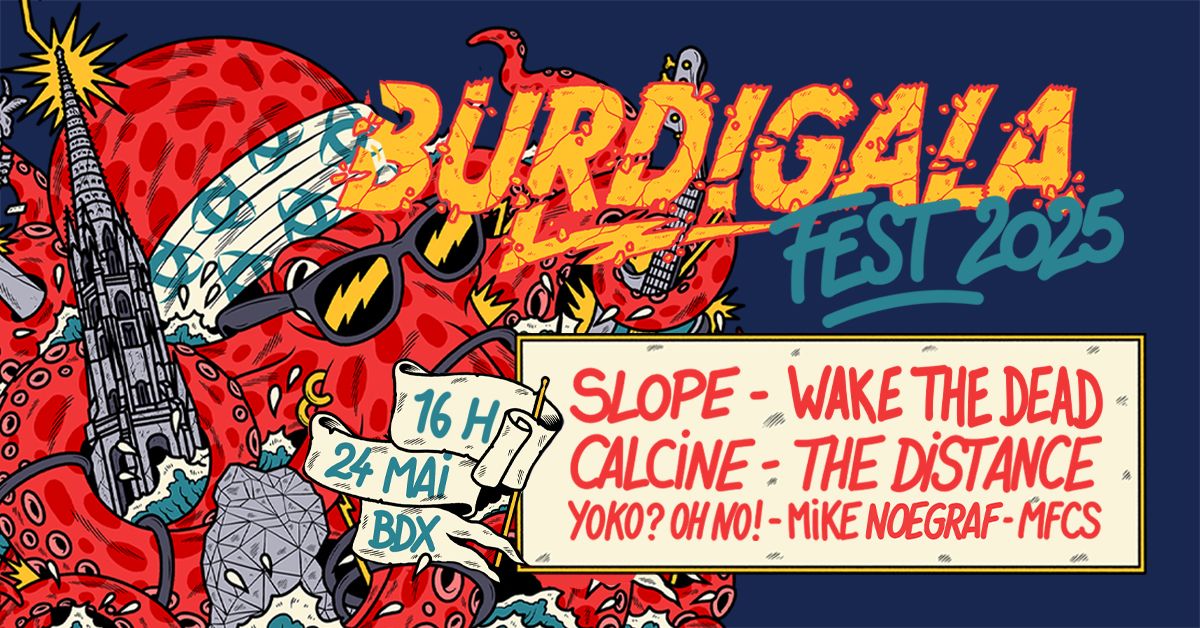 illustration d'une pieuvre rouge qui détruit une ville. Le nom des artistes du festival Burdigala Fest 2025